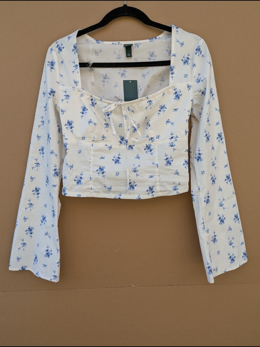 Wild Fable Floral Milkmaid Crop Top Long Sleeve Blue White Cottagecore Small NWT